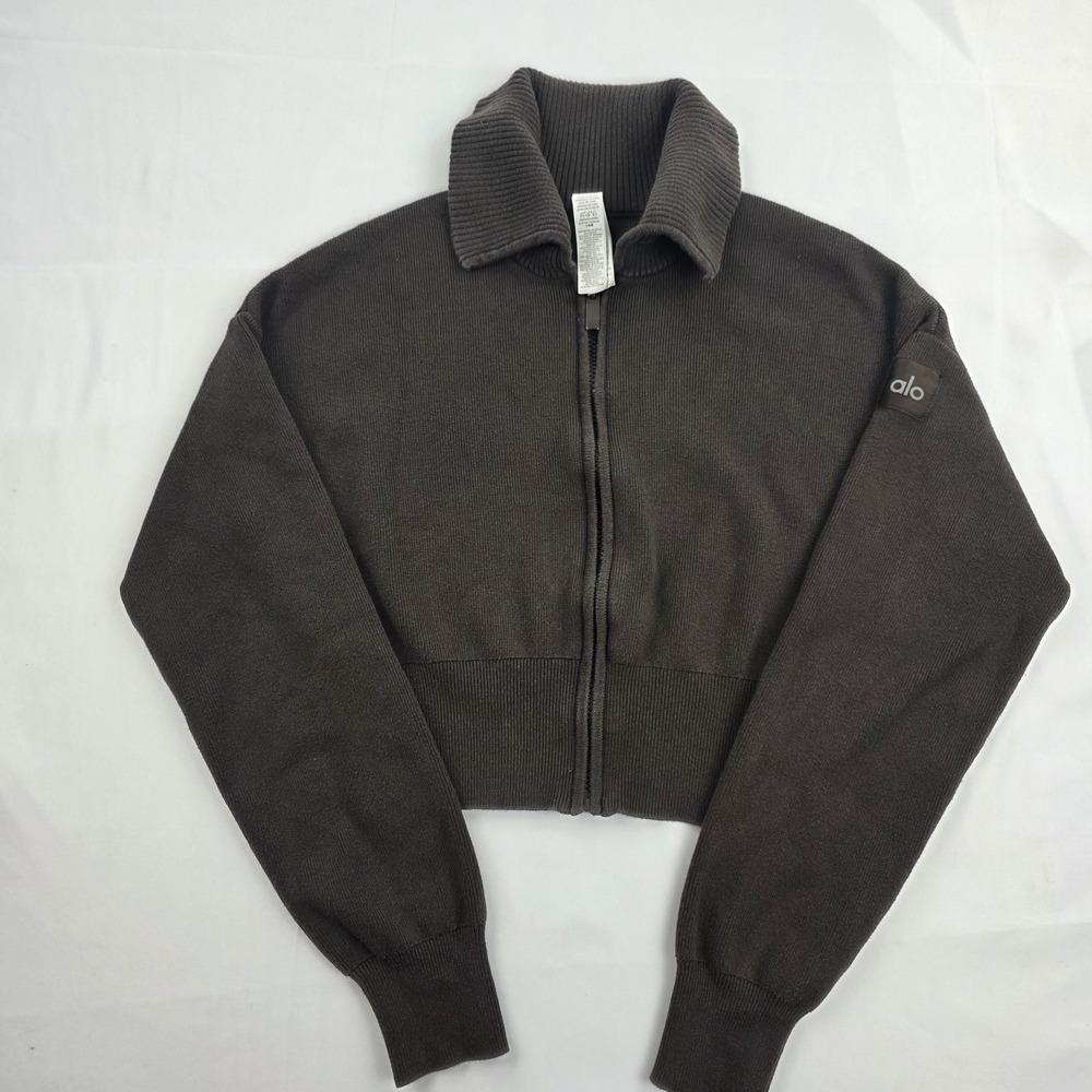 Alo Yoga Sweater Womens Small Brown Scholar Knit Cropped Full Zip Collared